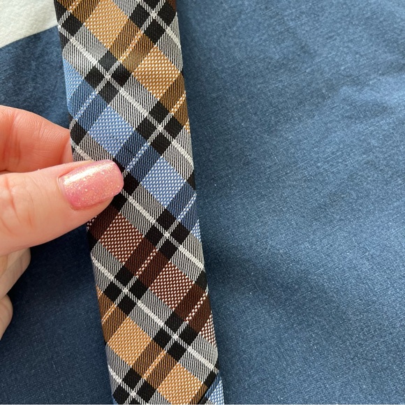 Joseph & Feiss International 100% Silk Earth Tone Brown Blue Plaid Men Neck Tie - Picture 7 of 11